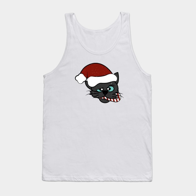 Christmas Black Cat Eating Candy Cane Tank Top by Commykaze